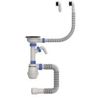 Сифон для кухні MIXXUS SK-06-BL 3 1/2"x40 з пластиковою чорною сіткою, відводом для пральної машини, гнучким круглим переливом (MI8196)