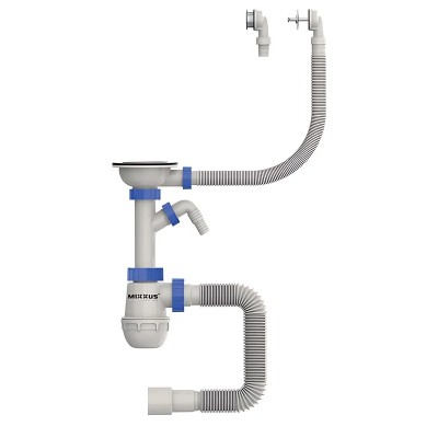 Сифон для кухні MIXXUS SK-07-B 3 1/2"x40 з нержавіючою сіткою, відводом для пральної машини, гнучким круглим переливом (MI8199)